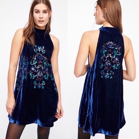 Free People Dresses & Skirts - Free People Jill’s Sequined Blue Velvet Sleeveless Mini Dress Small
